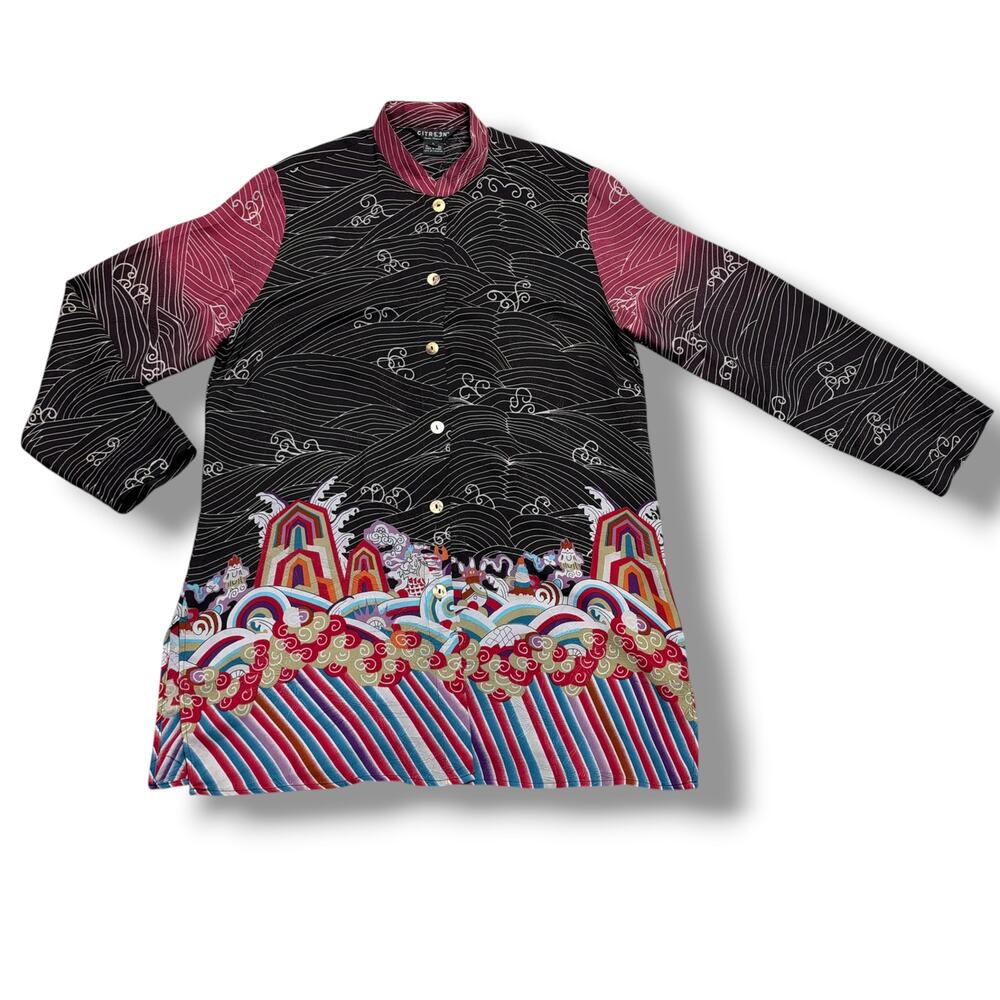 Citron Santa Monica 100% Silk Tunic Shirt Asian Wave Art To Wear Black Sz L